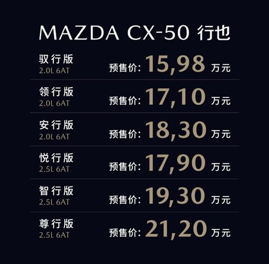 全新马自达CX-50行也开售：15.98万起