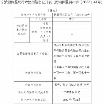 光大永明人寿宁波违法被罚 给予投保人合同以外利益