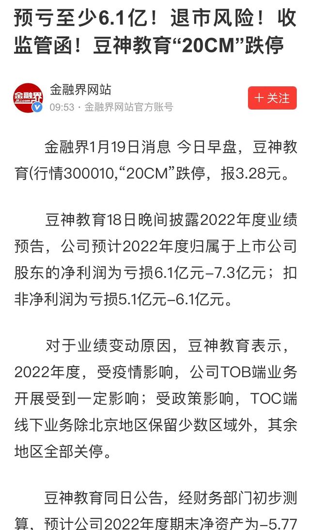 年报再亏6.1亿净资产为负，豆神教育面临退市风险股票大跌20%