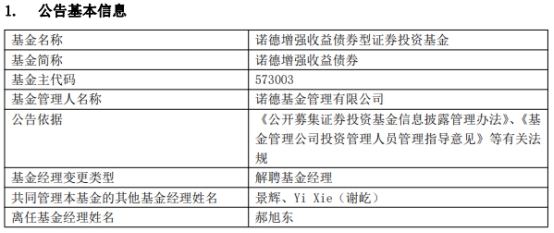 郝旭东离任诺德增强收益债券