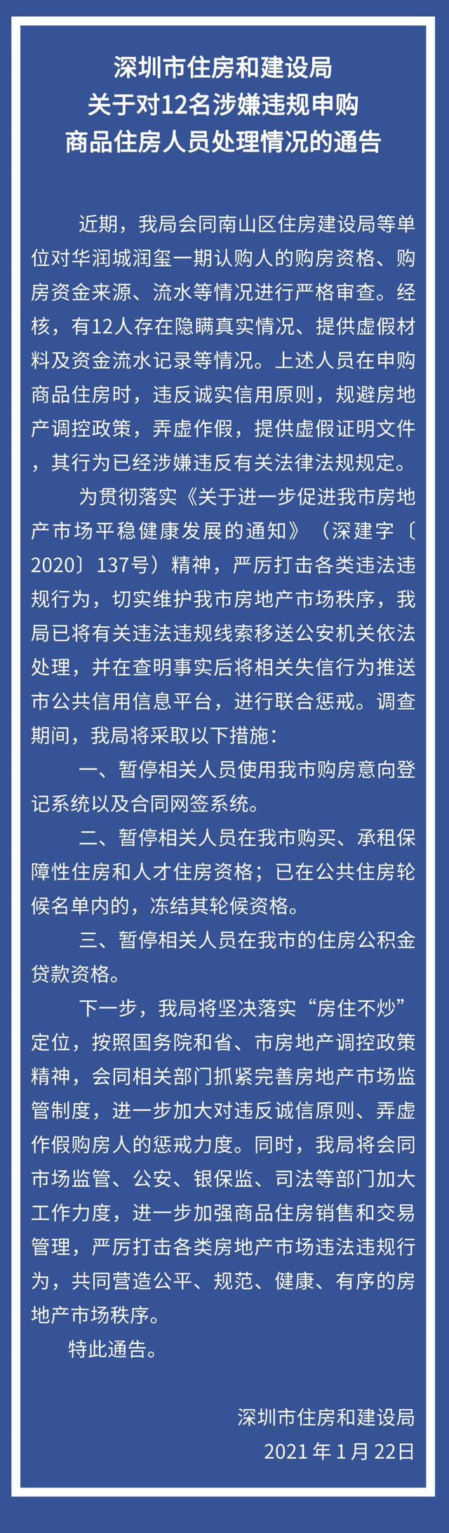 深圳市住房和建设局：12人违规购房被查处