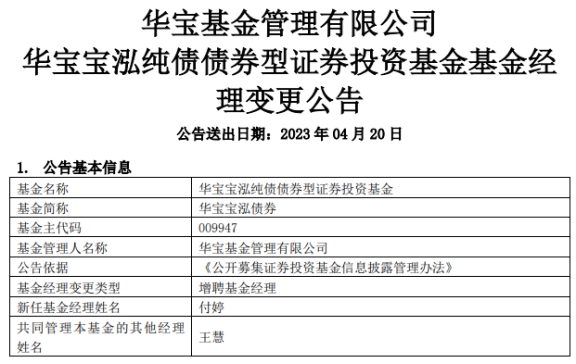 华宝宝泓债券增聘基金经理付婷