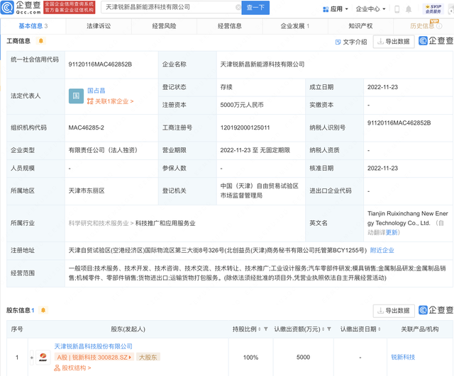 锐新科技5000万新设子公司，经营范围含汽车零部件研发