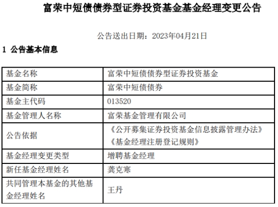 富荣中短债债券增聘基金经理龚克寒 成立来累计亏11%