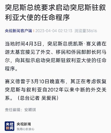 突尼斯总统要求启动突尼斯驻叙利亚大使的任命程序