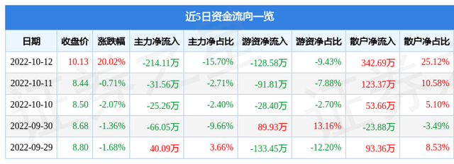 延江股份10月12日主力资金净卖出214.11万元