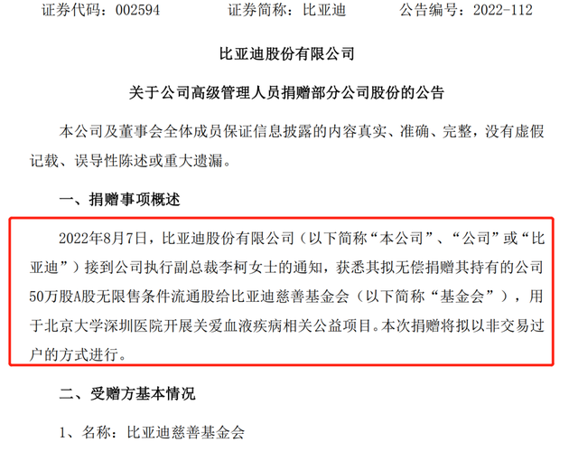 1.6亿元！比亚迪执行副总裁豪捐50万股做慈善，支持血液病研究