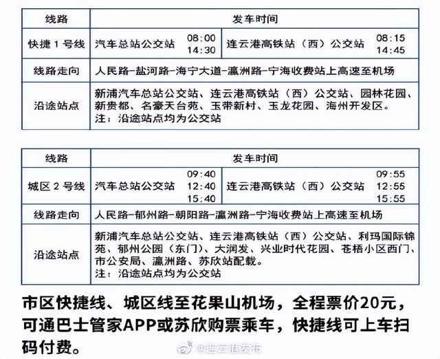 连云港市区增开2条直达花果山机场巴士