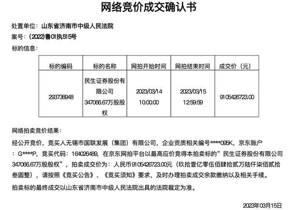 较起拍价溢价55%！无锡国资91亿元拿下民生证券第一大股东