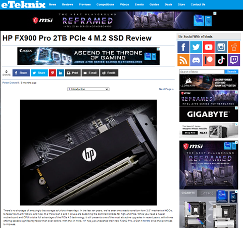 HP FX900 Pro 2TB固态硬盘海外测评：eTeknix“编辑选择奖”