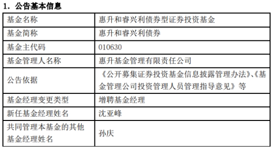 惠升基金4只债券基金增聘基金经理沈亚峰