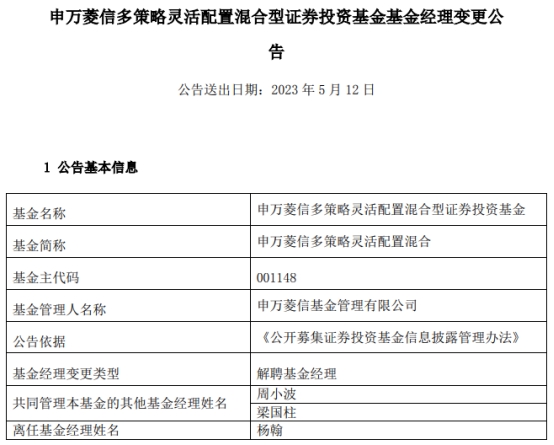 杨翰离任申万菱信多策略灵活配置混合