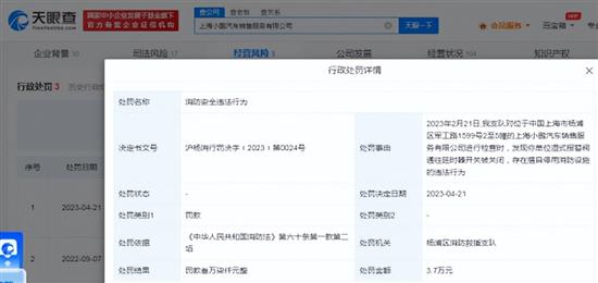 小鹏汽车上海公司因停用消防设施被罚