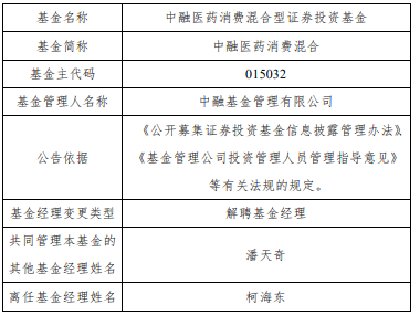 柯海东离任中融医药消费混合