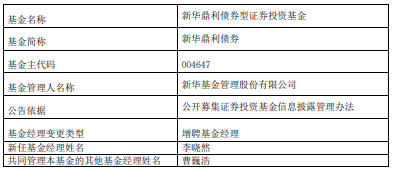 新华鼎利债券新华恒稳添利债券增聘基金经理李晓然