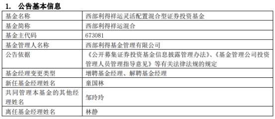 西部利得祥运混合增聘基金经理童国林 林静离任