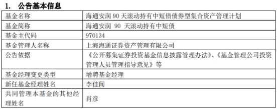 海通安润90天滚动持有中短债增聘基金经理李佳闻