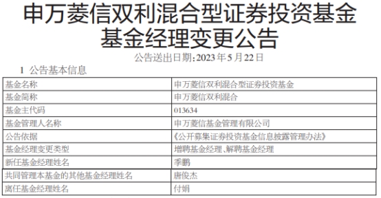 申万菱信双利混合增聘基金经理季鹏 付娟离任