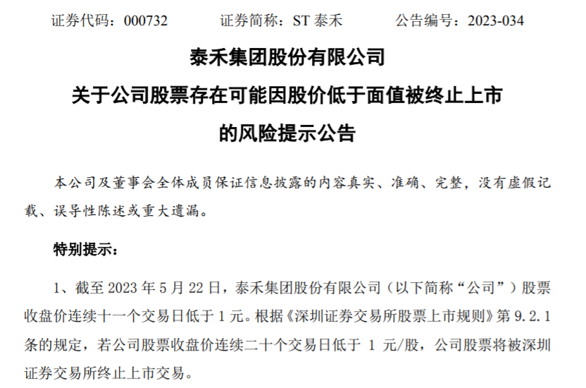 ST泰禾连续11个交易日收盘价低于1元，公司股票存在可能被终止上市风险