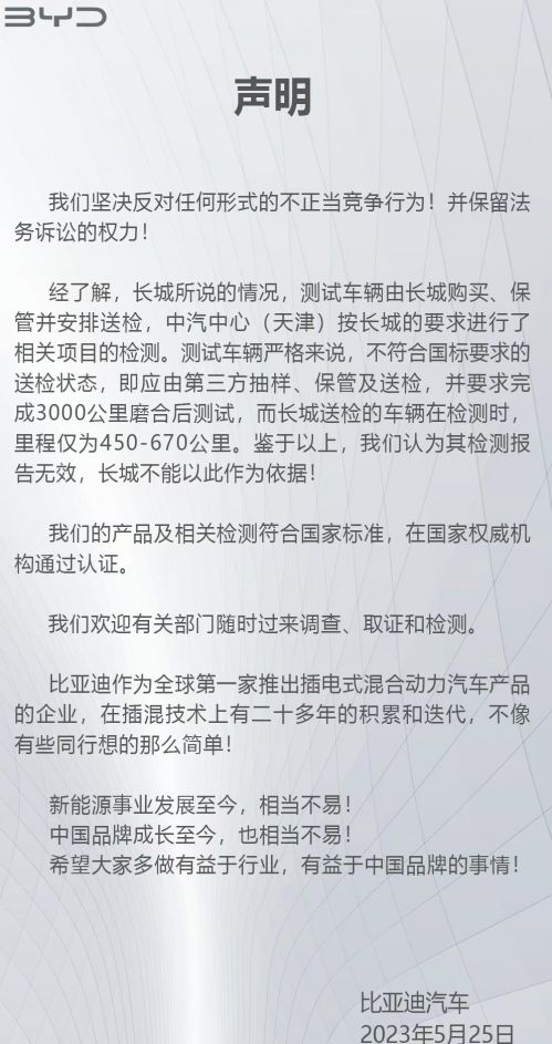 长城举报比亚迪排放不达标  比亚迪回应