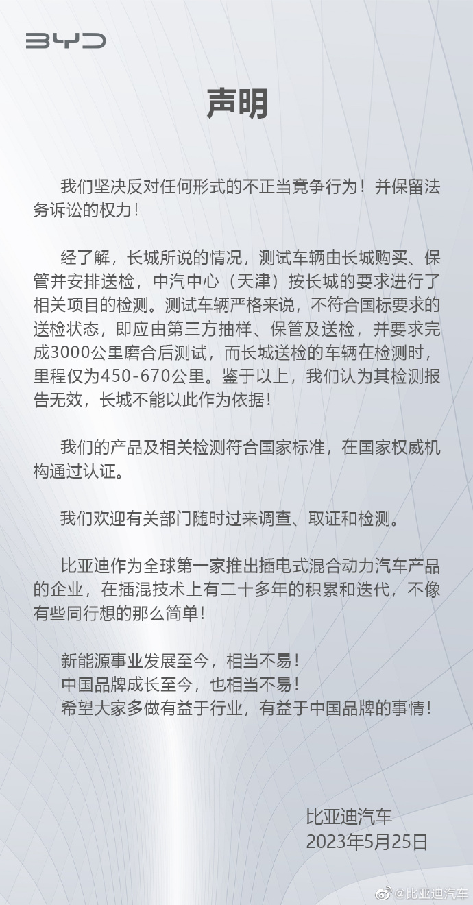 比亚迪发布声明回应长城汽车举报：坚决反对任何形式的不正当竞争行为 相关产品及检测符合国家标准