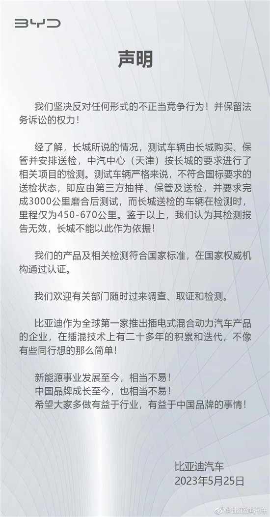 长城举报比亚迪排放不达标 比亚迪：反对不正当竞争