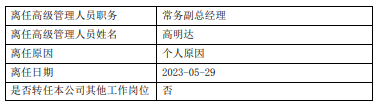 先锋基金常务副总经理高明达离任