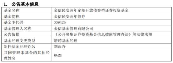 金信民安两年债券增聘基金经理刘雨卉