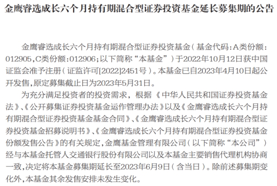 金鹰睿选成长六个月持有期混合二度延长募集期