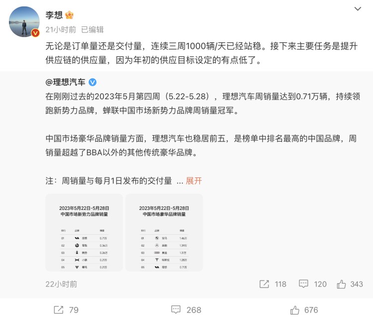 李想：理想年初供应目标设定的有点低了