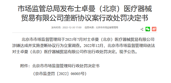 固定转售价格、限定最低价格使患者接受垄断价格 士卓曼（北京）实施“垄断协议”被罚3438万