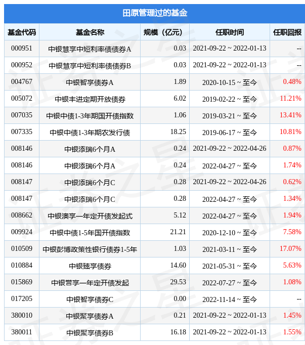 中银利享定期开放债券基金经理变动：增聘田原为基金经理