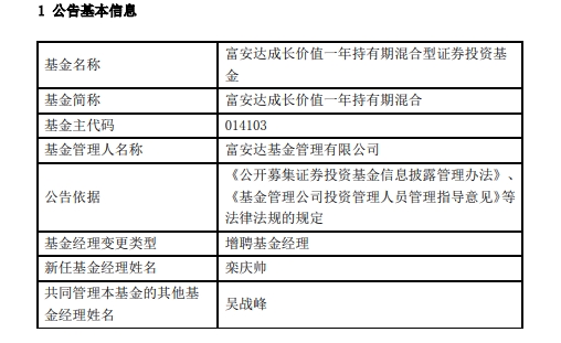 富安达成长价值一年持有期混合增聘基金经理栾庆帅