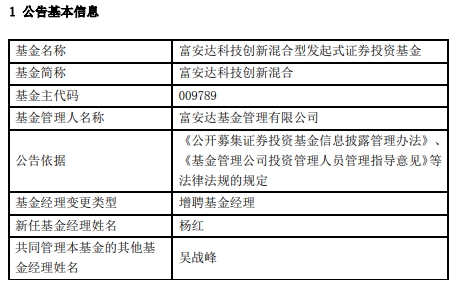 富安达2只混合基金增聘基金经理杨红