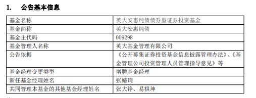 英大纯债债券与英大安惠纯债增聘基金经理张婧珣