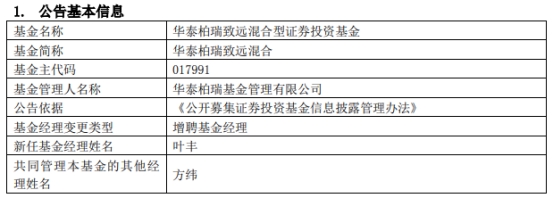 华泰柏瑞致远混合增聘基金经理叶丰