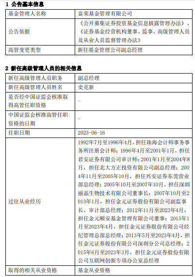 史克新担任富荣基金副总经理