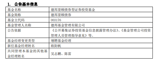 德邦景颐债券增聘基金经理欧阳帆