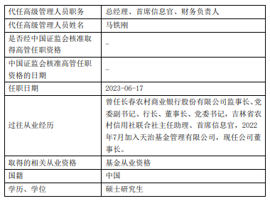 马铁刚代任天治基金总经理首席信息官与财务负责人