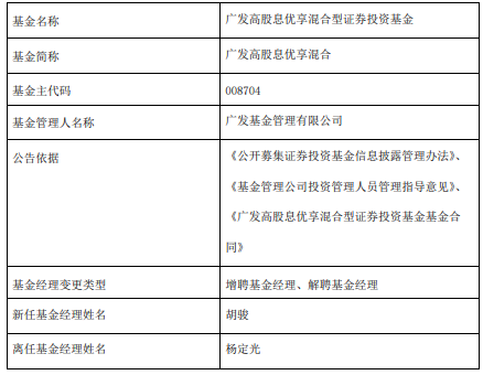 广发高股息优享混合增聘基金经理胡骏 杨定光离任