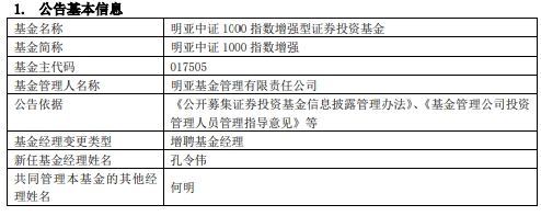 明亚中证1000指数增强增聘基金经理孔令伟