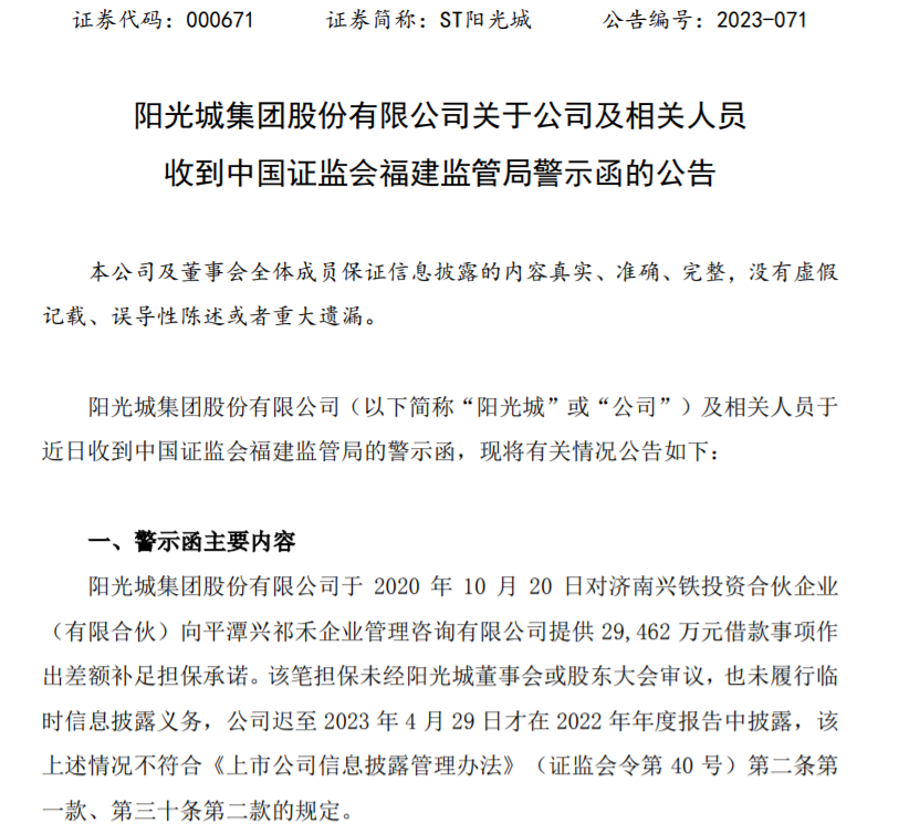 因两笔担保未经审议且未及时信披，阳光城及林腾蛟收到福建监管局警示函