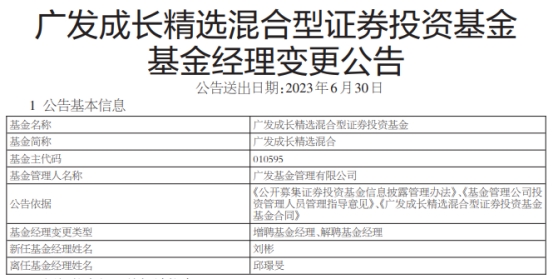 广发成长精选混合增聘基金经理刘彬 邱璟旻离任