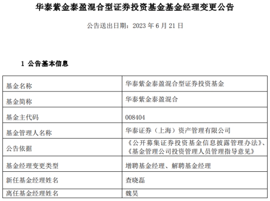 华泰紫金泰盈混合增聘基金经理查晓磊 魏昊离任