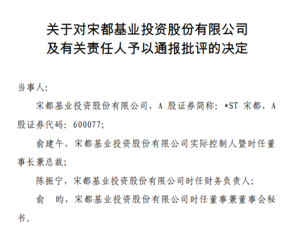 因业绩差异绝对值金额巨大且未及时披露，-ST宋都、俞建午等被上交所通报批评