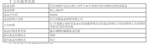 民生加银中证企业核心50ETF增聘周帅 何江离任