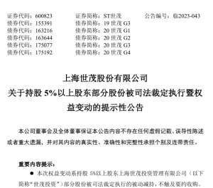 因债券转让纠纷案，世茂投资所持世茂股份7000万股被执行，许荣茂持股降至71.61%