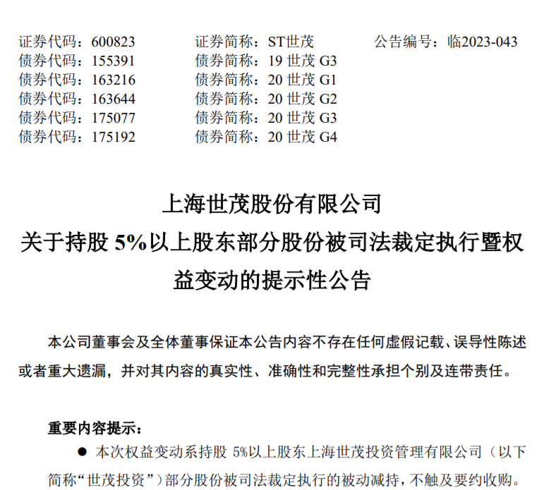 因债券转让纠纷案，世茂投资所持世茂股份7000万股被执行，许荣茂持股降至71.61%