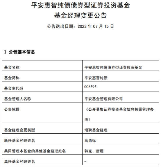 平安惠智纯债增聘基金经理高勇标