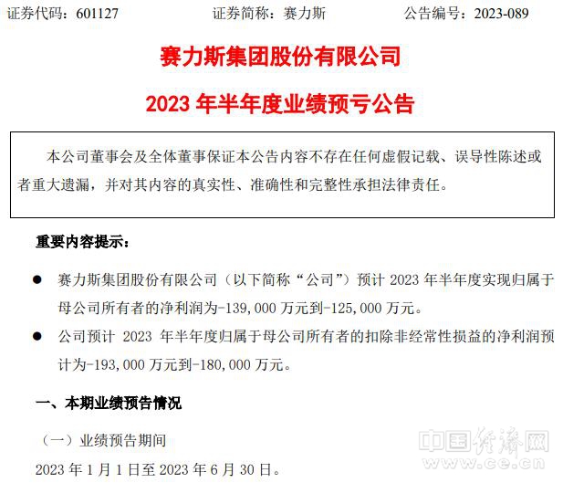 赛力斯上半年净利润预亏125,000万-139,000万元